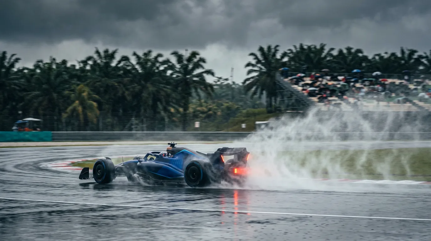 Bolid Formule 1 na mokroj stazi u Sepangu tokom jake kiše